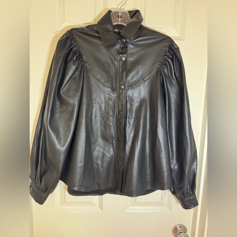 Zara Black Vegan Leather button up‎ blouse puff long sleeve, Medium - Picture 6 of 8